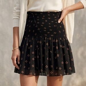 Maje Paris Smocked Waist Printed Chiffon Mini Skirt Black Size S NWT